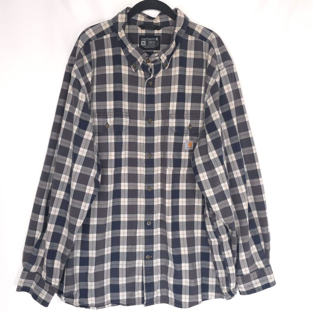 CARHARTT Plaid Check Button Shirt 3XL Loose Fit 100% Cotton Workwear Blue Gray